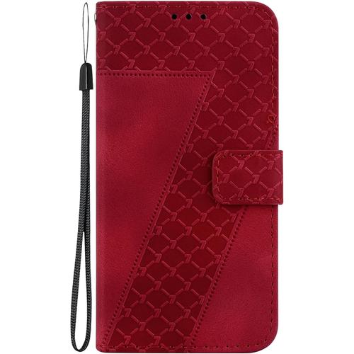 Hcyc Coque Pour Oppo A74 5g / Oppo A54 5g / A93 5g, Rouge Gaufrage Housse De Protection Anti-Choc Avec Magnetique Carte Fentes Etui Oppo A74 5g Coque A Rabat Pochette Portefeuille En Cuir Pu.