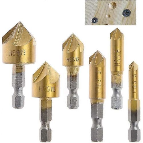6pcs Hss Chamfer Cutter 90 Degré 5 Flûte Chamfer Cutters Trou 1/4 « 6mm 8mm 9mm 12mm 16mm 19mm Diy Tool