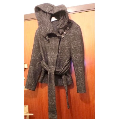 Veste Grise En Laine Très Élégante, Avec Capuche Et Ceinture, T. 36