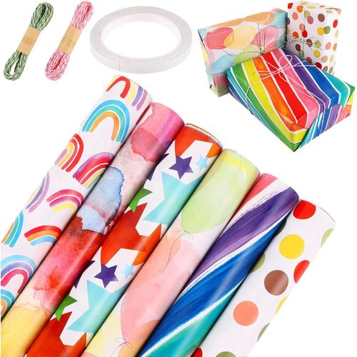 Shiba-6 Rouleaux Papier Cadeau Enfant, 3 M Papier D'emballage D'anniversaire Emballage Cadeau Enfant Avec Ruban Adhésif Corde De C[6