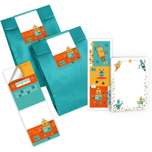 SHIBA-6 marque-pages, 6 mini blocs-notes, 6 sacs cadeaux (pétrole) + 6 autocollants robots, petit cadeau d'invités pour anniversai[8