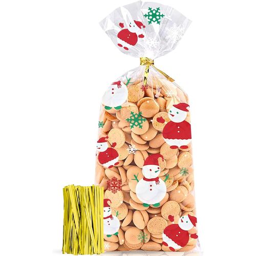 SHIBA-100 pochette cadeau noel, sachet biscuit noel, sachets transparents pour biscuits, sacs de biscuits Goody avec 100 attaches [8