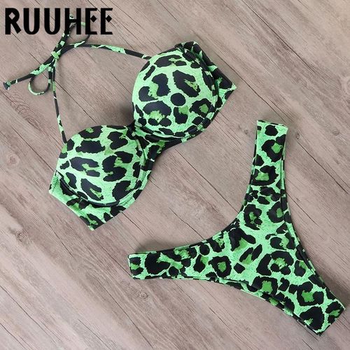 Women Leopard Brazilian Bikini Push Up Summer Beach Swimsuit Set, Vert