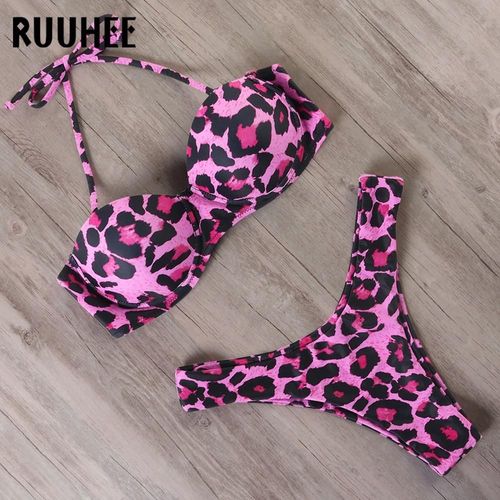 Women Leopard Brazilian Bikini Push Up Summer Beach Swimsuit Set, Rouge