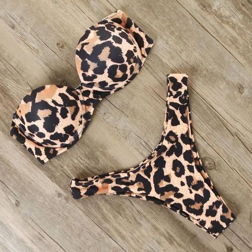 Women Leopard Brazilian Bikini Push Up Summer Beach Swimsuit Set, Jaune