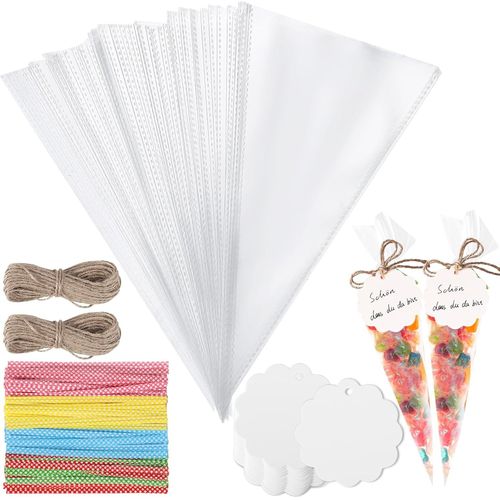 SHIBA-100 Pièces Sachets Transparents pour Bonbons, 25x13 cm Sachets Biscuits Sachet Cellophane avec Etiquette Cadeau pour Anniver[5