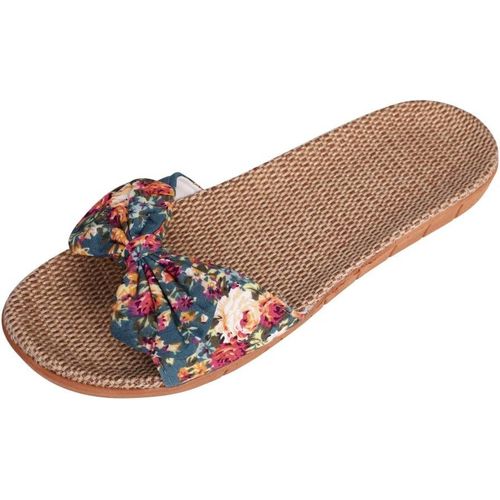 Sandales Ouvert Plates Femmes En Lin Antidéparant Chaussons D'intérieur Maison Eté Respirant Avec Noeud Papillon,35/36 Eu,Bleu Foncé