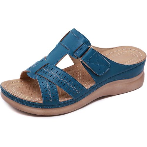 Mules En Cuir Pour Femme Sandales Mode Bout Ouvert Compensées Plateforme Pantoufles Premium Orthopédiques Sandales Vintage Chaussons De Plage D'été Bleu,Taille:41 Eu