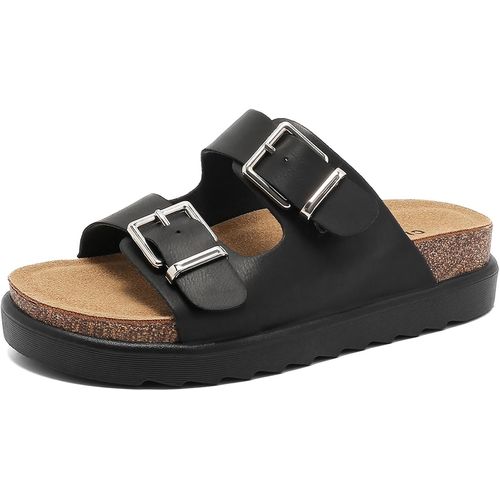 Pantolette Femme Confortable En Liège Sandales Réglables À Double Boucle, Chaussons Antidérapants Avec Semelle Épaisse En Simili Cuir Pour Été