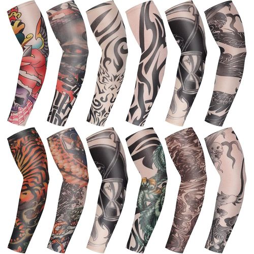 Set De 12 Pièces Manchons De Bras De Tatouage Faux Manchettes De Bras De Protection Solaire Gants De Bras De Fleur À Élasticité Douce De Cyclisme.[D85]
