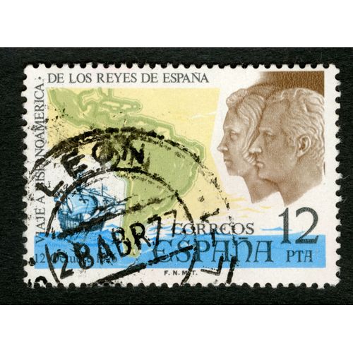 Timbre Oblitéré Espana, Viaje A Hispanoamerica De Los Reyes De Espana, Correos , 12 Pta