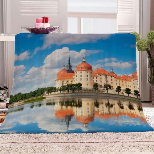 Couverture Couverture Polaire Confortable Avec Impression Numérique En Flanelle, Literie Douce Et Chaude En Microfibre Pour Filles, Garçons, Adultes, Ciel Bleu Et Nuages Blancs, Rivière, Château De Moritzburg