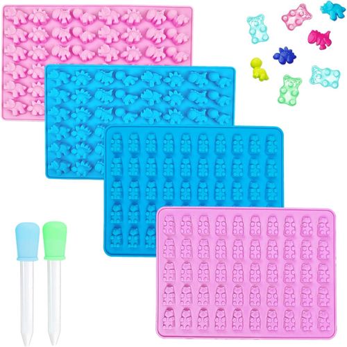 4 Pcs Moules À Bonbons En Silicone,Moule A Bonbon Silicone Avec 2 Compte-Gouttes,Moules À Forme De Oursons Mini Dinosaure,Moule Ourson Silicone,Pour Chocolat,Fudge,Bonbons,Biscuits