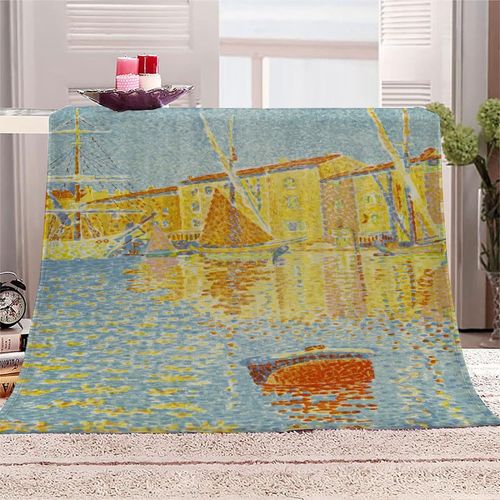 Couverture En Molleton De Flanelle Impression En Microfibre Moelleuse Légère, Peluche Chaude Pour Adulte Pour Lit Et Canapé Peinture Célèbre Paul Signac Ombre De Voilier