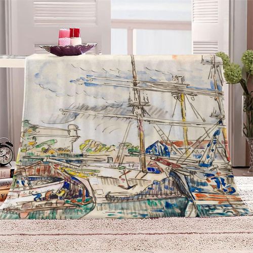 Couverture En Molleton De Flanelle Impression En Microfibre Moelleuse Légère, Peluche Chaude Pour Adulte Pour Lit Et Canapé Peinture Célèbre Paul Signac Bateau De Pêche