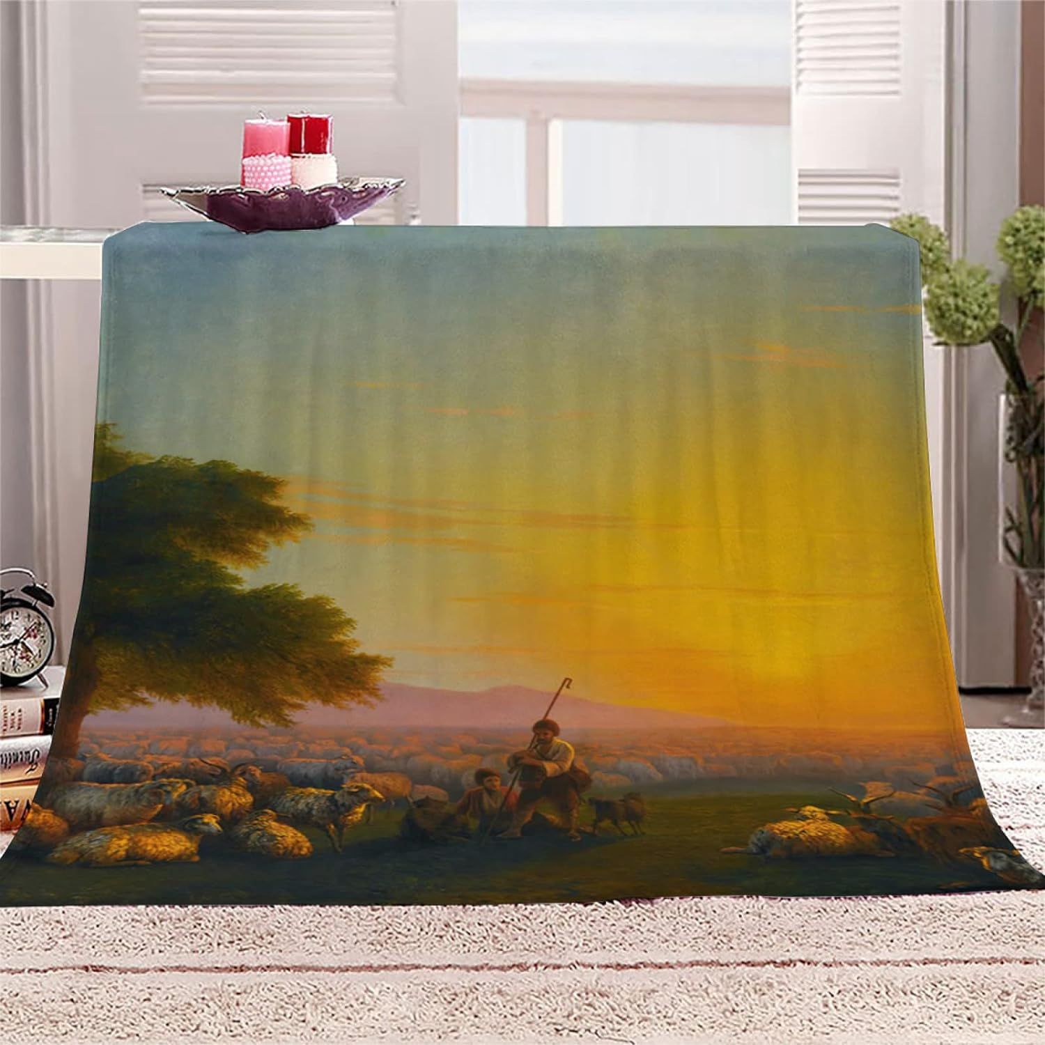 Couverture Polaire En Flanelle Avec Impression En Microfibre Moelleuse Et Chaude Pour Adulte Pour Lit Et Canapé, Peinture Célèbre Aivazovsky Berger Et Troupeau Au Coucher Du Soleil, Paysage