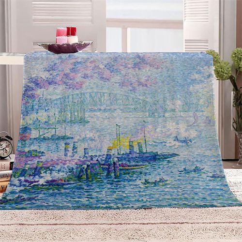 Couverture Polaire En Flanelle Avec Impression En Microfibre Moelleuse Légère, Peluche Chaude Pour Adulte Pour Lit Et Canapé, Peinture Célèbre Paul Signac Port De Rotterdam