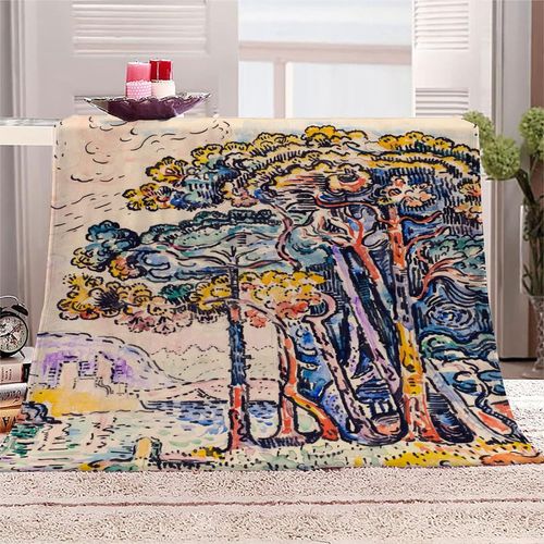 Couverture En Molleton De Flanelle Impression En Microfibre Moelleuse Légère, Peluche Chaude Pour Adulte Pour Lit Et Canapé Peinture Célèbre Paul Signac Forêt