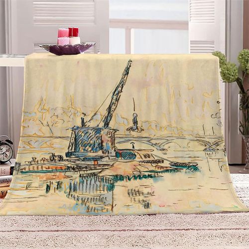 Couverture En Molleton De Flanelle Impression En Microfibre Moelleuse Légère, Peluche Chaude Pour Adulte Pour Lit Et Canapé Peinture Célèbre Paul Signac Grue De Seine