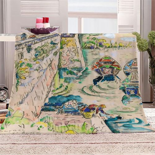 Couverture En Molleton De Flanelle Impression En Microfibre Moelleuse Légère, Peluche Chaude Pour Adulte Pour Lit Et Canapé Peinture Célèbre Paul Signac Bateau Coloré