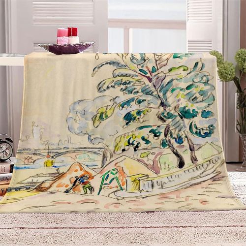 Couverture Polaire En Flanelle Avec Impression En Microfibre Moelleuse, Légère, Peluche Chaude Pour Adulte Pour Lit Et Canapé, Célèbre Tableau De Paul Signac, Maison De Campagne Et Arbre