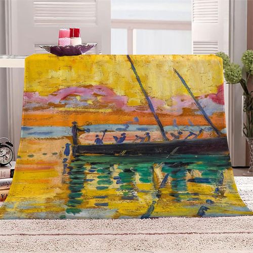 Couverture En Molleton De Flanelle Impression En Microfibre Moelleuse Légère, Peluche Chaude Pour Adulte Pour Lit Et Canapé Peinture Célèbre Paul Signac Sunset Sea
