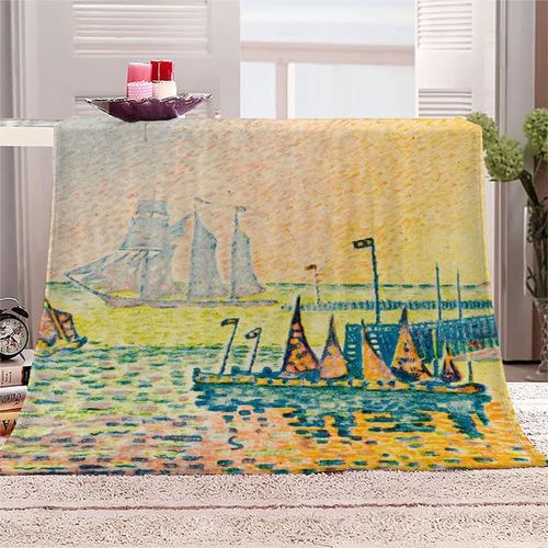 Couverture En Molleton De Flanelle D Impression Couverture En Microfibre Moelleuse Légère, Peluche Chaude Pour Adulte Pour Lit Et Canapé Peinture Célèbre Paul Signac Harbour Le Soir