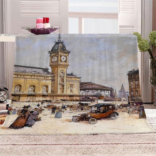 Couverture Polaire En Flanelle Avec Impression D, Super Douce, Canapé, Sieste, Literie Pour Adultes, Couverture Chaude En Microfibre, Voyage, Peinture Célèbre Eugène Galien Laloue Gare De Lyon