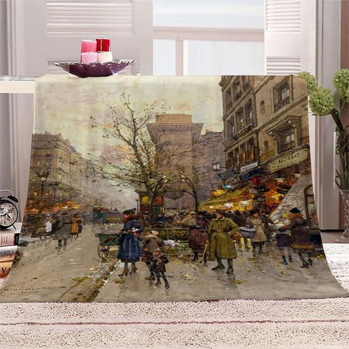 Couverture Polaire En Flanelle Super Douce Pour Adultes, Literie De Sieste, Couverture Chaude En Microfibre, Voyage, Célèbre Peinture Galien Laloue Paris, Scène De Rue En Soirée