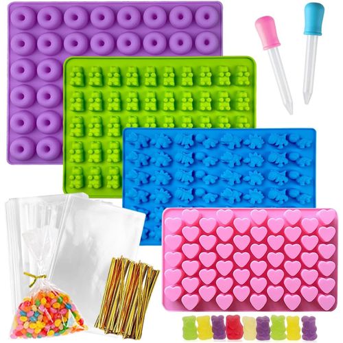 Moule Bonbon Silicone,4pcs Moule A Bonbon Silicone,Moule Silicone Chocolat,Moule Ourson Silicone,Moules En Silicone Avec 2 Compte-Gouttes,100 Sachets De Bonbons