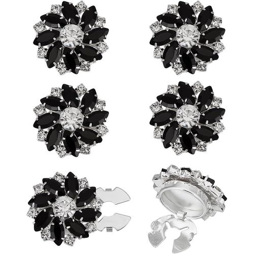 6 Pcs Boutons De Manchette En Cristal Noir Pour Femmes Boutons De Manchette En Cristal Noir 25,5mm Diamètre En Forme De Fleur Bouton De Manchettes Détachables Alliage Pour Décor Chemises