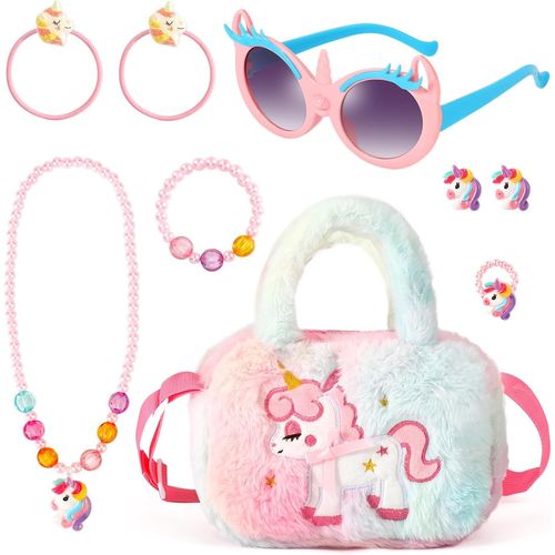 Licorne Bijoux Enfants Fille Sac A Main,Unicorn Collier Boucle D'oreille Bracelet Bagues Pinces À Cheveux Pour Princesse Parure Bijoux Fille Accessoire Cadeau Anniversaire De Fête