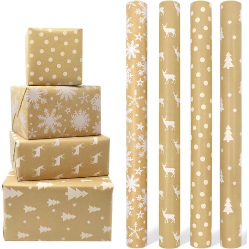 SHIBA-4 rouleaux de papier cadeau kraft, 43 cm x 3 m, papier cadeau de Noël recyclé, convient pour Noël, anniversaire, fête, Hallo[2