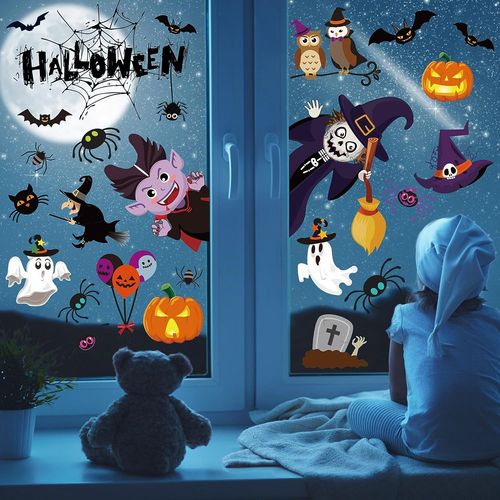 9Pcs Decoration Halloween Fenêtre Autocollant,Citrouille Toile d'araignée Chauve-Souris Fantômes Sorcière pour Halloween Fête
