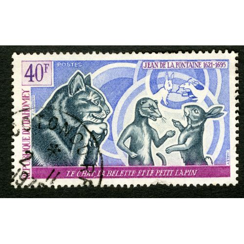 Timbre Oblitéré République Du Dahomay, Jean De La Fontaine 1621 - 1695, Le Chat, La Belette Et Le Petit Lapin, 40 F, Postes