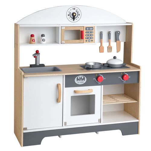 Wevally Cuisine Enfant en Bois, Jouet d'Imitation pour Enfant, 7 Accessoires Inclus, Dès 3 ans, Blanc et Gris