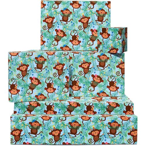 SHIBA-Papier cadeau anniversaire pour enfant - 6 feuilles de papier cadeau animal - Singe - Safari Jungle - Pour garcon et fille -[3
