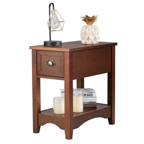 Costway Table D'appoint Avec Tiroir, Pieds En Bois D'hévéa, 56x33x58,5 Cm, Bout De Canapé Rétro Pour Chambre, Salon, Brun Rougeâtre