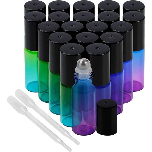 Lot De 20 Bouteille Roll On En Verre Avec Pipette-Flacon Huile Essentielle Vide 5ml Bleu/Vert Avec Bille En Acier Inoxydable Et Couvercle Noir-Pour Aromathérapie,Parfum 