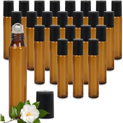 24pcs 10ml Flacons Roll-On En Verre Ambré Flacon Roller Rechargeable,Pot Porte-Récipient Pot Avec Bouchons Roll-On Noirs Et Billes Roller En Acier Inoxydable,Pour Parfums Aux Huiles Essentielles 