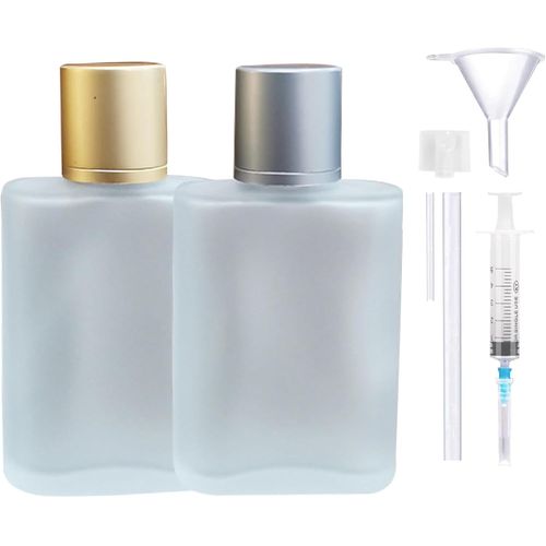 Lot De 2 Vaporisateurs De Parfum Vides-En Verre Mat-Avec Entonnoir Et Bouchons Dorés Et Argentés-Pour Date,Fête,Travail (50 Ml,Doré + Gris) 