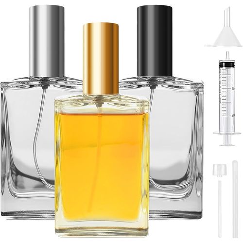 3 Pcs Vaporisateur Parfum Vide 100ml,Flacon Parfum Verre,Vaporisateur Rechargeable En Verre Elégant Transparent Avec Forme Plate Et Carrée Pour Femmes Hommes (Casquettes En Or Argent Noir) 