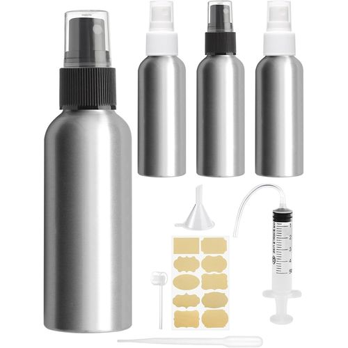 4 Pcs 100ml Flacon Vaporisateur Aluminium,Vaporisateur Huile Essentielle,Vaporisateur Parfum Vide,Flacon Parfum Vide,Flacon Spray Vide Avec Etiquettes,Entonnoirs,Seringues,Pour Cosmétique 
