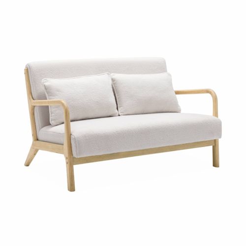 Banquette 2 Places Scandinave En Bois Et Tissu Bouclette. Lorens. L 124 X P 83 X H 77cm