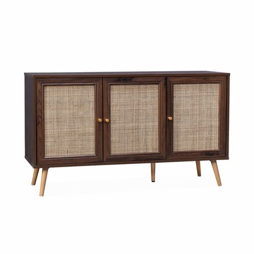 Buffet De Rangement En Cannage 120x39x70cm - Bohème - 2 Niveaux 3 Portes Pieds Scandinaves