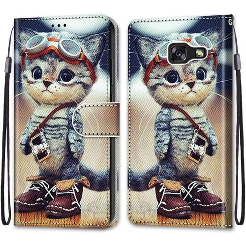 Coque En Pu Cuir Pour Samsung A5 2017 Etui Flip Cover Clapet De Protection Portefeuille Avec Motif Chat D'aventure Housse Magnetique Case Wallet Antichoc Cover Pour Samsung Galaxy A5 2017
