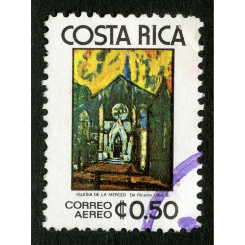 Timbre Oblitéré Costa Rica, Iglesia De La Merced, De Ricardo Ulloa B, Correo Aereo, C 0.50