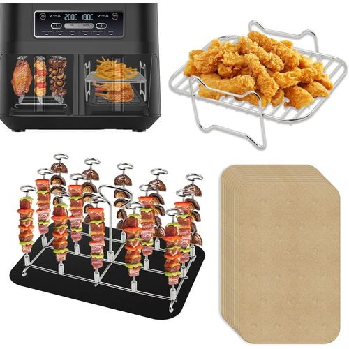 Grille de barbecue et brochettes en acier inoxydable avec 100 feuilles de papier sulfurisé compatibles avec les friteuses à air chaud Ninja Foodi AF300EU Kit de brochettes verticales Rack