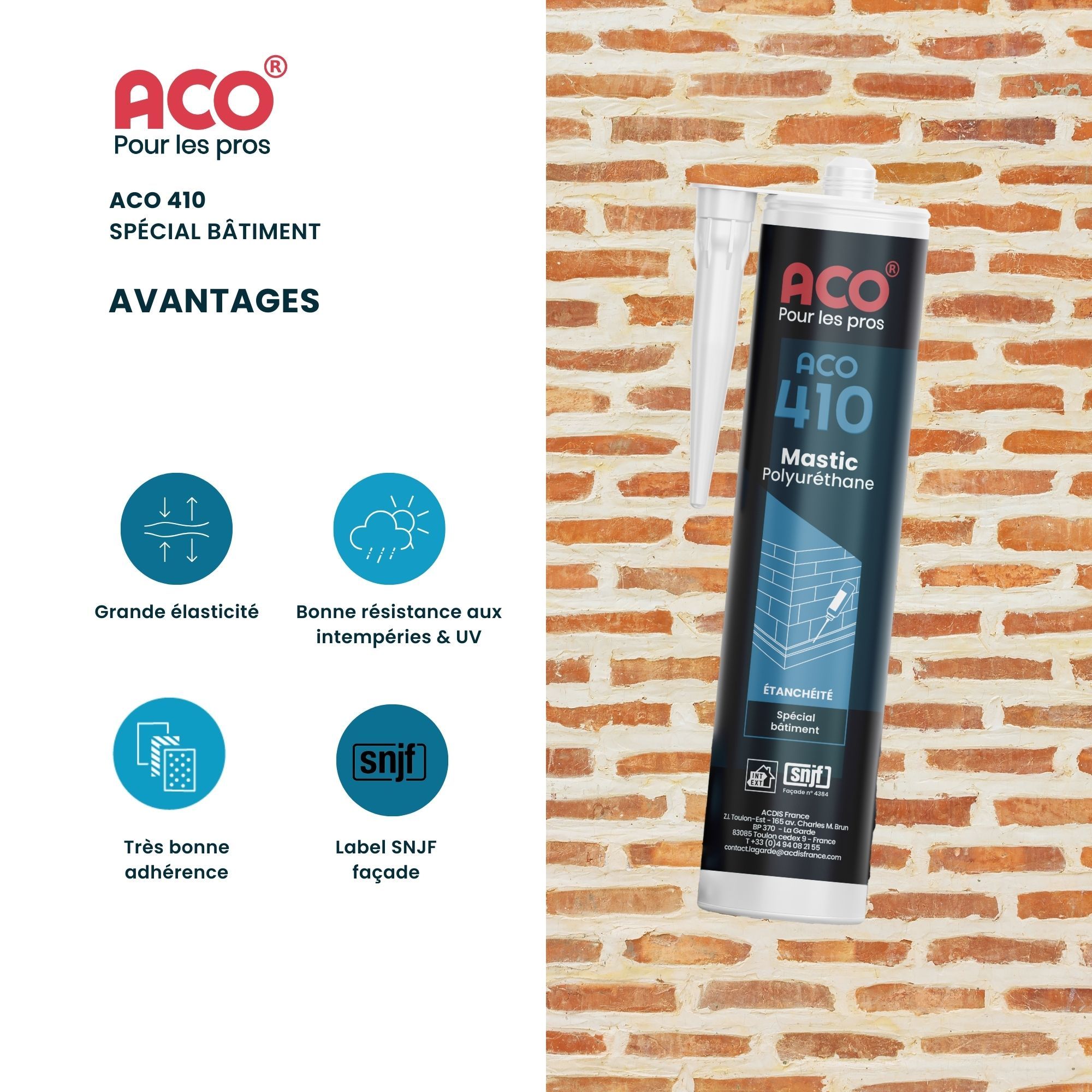 ACO 410 - Mastic Polyuréthane PU - spécial bâtiment - Noir - 300mL ACO