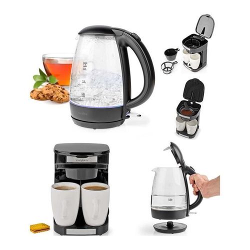Bouilloire Noire en Verre 1,7L Sans Fil 2200W Arrêt automatique + Cafetière électrique 2 Tasses Duo 2 x 0.25l